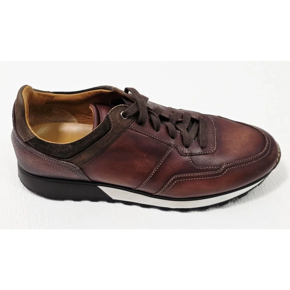 Magnanni Arco Mix Leather Trainer Sneakers Men's US 8.5 Brown Burgundy Spain